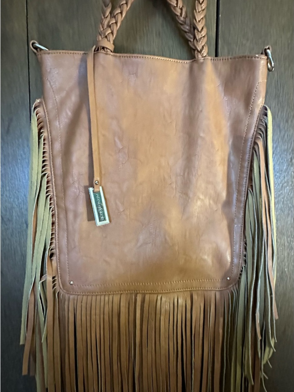 Fringe Tote Bag - Brown Faux Leather Shoulder tote